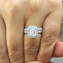 Load image into Gallery viewer, Emerald Cut Moissanite And Round Cut Sides Cvd Diamond Engagement Ring And Matching Band 14k Solid White Gold Halo Wedding Bridal Set 2.00ct
