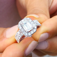 Load image into Gallery viewer, Emerald Cut Moissanite And Round Cut Sides Cvd Diamond Engagement Ring And Matching Band 14k Solid White Gold Halo Wedding Bridal Set 2.00ct
