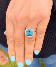 Load image into Gallery viewer, Cushion Cut Blue Topaz And CVD Diamonds Engagement Ring Set In 14k Solid White Gold Wedding Anniversary Ring Halo Style Bridal Ring 4.70ctw
