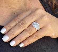 Load image into Gallery viewer, Round Cut Diamond Engagement Ring And Matching Band Three Stone Style IGI Certified 14k Solid White Gold Halo Bridal Wedding set 2.70ctw
