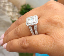 Load image into Gallery viewer, Princess Cut Moissanite And Round Cut Sides Engagement Ring 14k Solid Heavy White Gold Filigree Design Bridal Ring Halo Wedding Ring 3.70ctw
