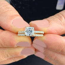 Load image into Gallery viewer, Asscher Cut and Round Cut Side Diamond Engagement Ring And Band IGI Certified 14K Solid Yellow Gold Prong Set Wedding Bridal Set 1.50ctw
