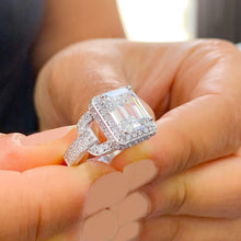Load image into Gallery viewer, Emerald Cut Moissanite And Round Cut Sides Engagement Ring Set In 14k Solid White Gold Wedding Ring Halo Split Shank Style Bridal Ring 4.00
