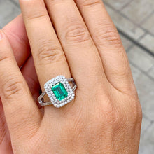 Load image into Gallery viewer, 14k Solid White Gold Simulated Green Emerald And CVD Round Cut Diamonds Ring Split Shank Wedding Ring Double Halo Bridal Engagement 2.80ctw
