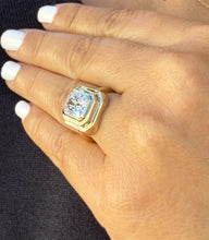 Load image into Gallery viewer, Radiant Cut Moissanite Ring Solitaire Set In 14K Solid And Heavy Yellow Gold Bezel Set Wedding Ring Double Halo Style Bridal Ring 3.50ct
