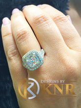 Load image into Gallery viewer, Asscher Cut Moissanite and Round Cut Sides Bezel Set Engagement Ring 14k Solid and Heavy White Gold Bridal Wedding Ring Filigree 3.70ctw
