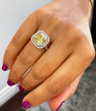 Load image into Gallery viewer, Cushion Cut Simulated Fancy Yellow And Round Cut Sides Cvd Diamond Engagement Ring 14k White Gold Double Halo Bridal Wedding Ring 5.00ct
