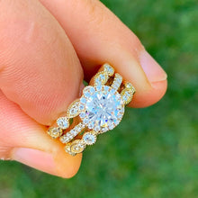 Load image into Gallery viewer, Round Cut Moissanite Engagement Ring And Two Matching Bands Filigree Design Set In 14k Solid Yellow Gold Antique Style Wedding Set, 2.00ctw
