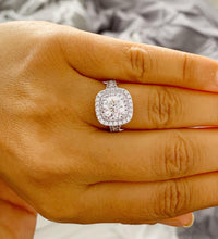 Load image into Gallery viewer, Cushion Cut Moissanite And Round Cut Sides Cvd Diamond And Sapphire Engagement Ring Double Halo Split Shank Wedding Ring 14k White Gold 2.80
