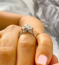 Load image into Gallery viewer, Cushion Cut Moissanite And Round Cut Sides Cvd Diamond And Sapphire Engagement Ring Double Halo Split Shank Wedding Ring 14k White Gold 2.80
