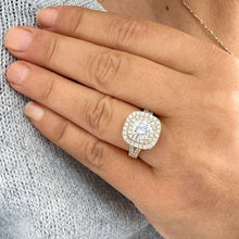 Load image into Gallery viewer, Cushion Cut Moissanite And Round Cut Sides Cvd Diamonds Engagement Ring Double Halo 14K Solid Yellow Gold Wedding Ring Split Shanks 2.80ctw
