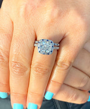 Load image into Gallery viewer, Cushion Cut Moissanite And Round Cut Sides Cvd Diamond And Sapphires Engagement Ring And Matching Band Halo Wedding Bridal Set 2.70ctw
