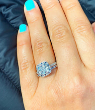 Load image into Gallery viewer, Cushion Cut Moissanite And Round Cut Sides Cvd Diamond And Sapphires Engagement Ring And Matching Band Halo Wedding Bridal Set 2.70ctw
