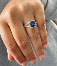 Load image into Gallery viewer, Cushion Cut Lab Sapphire and Round Cut CVD Diamonds Engagement Ring Set In 14k Solid White Gold Wedding Ring Prong Set Halo Style 3.50ctw
