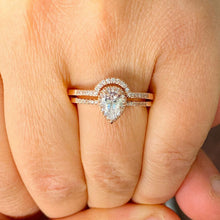 Load image into Gallery viewer, Pear Shape Moissanite And Round Cut Sides Natural Diamond Halo Engagement Ring And Matching Band In 14k Solid Rose Gold Wedding Bridal 1.50
