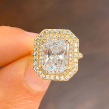 Load image into Gallery viewer, Radiant Cut Moissanite And Round Cut Sides Engagement Ring Double Halo Split Shank Design 14k Solid Yellow Gold Wedding Bridal Ring 3.50ctw
