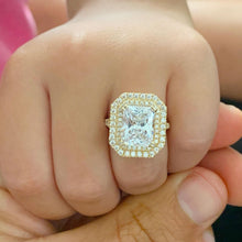 Load image into Gallery viewer, Radiant Cut Moissanite And Round Cut Sides Engagement Ring Double Halo Split Shank Design 14k Solid Yellow Gold Wedding Bridal Ring 3.50ctw
