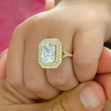 Load image into Gallery viewer, Radiant Cut Moissanite And Round Cut Sides Engagement Ring Double Halo Split Shank Design 14k Solid Yellow Gold Wedding Bridal Ring 3.50ctw
