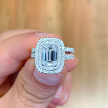 Load image into Gallery viewer, Emerald Cut Moissanite And Round Cut Sides Engagement Ring And Matching Band Double Halo Split Shank 14k Solid White Gold Wedding Ring 2.75
