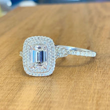 Load image into Gallery viewer, Emerald Cut Moissanite And Round Cut Sides Engagement Ring And Matching Band Double Halo Split Shank 14k Solid White Gold Wedding Ring 2.75
