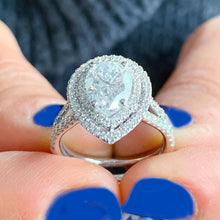 Load image into Gallery viewer, Pear Cut Moissanite and Side CVD Round Cut Diamond Engagement Ring 14k Solid White Gold Bridal Wedding Ring Double Halo Split Shank 2.70ctw
