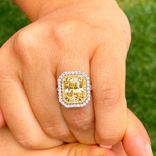 Load image into Gallery viewer, Light Fancy Yellow Radiant Simulated And Round Cut Cvd Diamond Engagement Ring Set In 14k Solid White And Yellow Gold Double Halo 6.00ct
