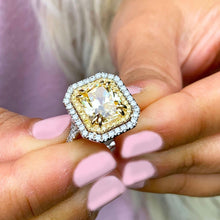Load image into Gallery viewer, Light Fancy Yellow Radiant Simulated And Round Cut Cvd Diamond Engagement Ring Set In 14k Solid White And Yellow Gold Double Halo 6.00ct
