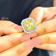 Load image into Gallery viewer, Light Fancy Yellow Radiant Simulated And Round Cut Cvd Diamond Engagement Ring Set In 14k Solid White And Yellow Gold Double Halo 6.00ctw

