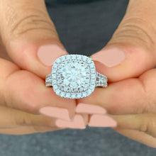Load image into Gallery viewer, Cushion Cut Moissanite And Cvd Diamond And Sapphire Engagement Ring Double Halo Split Shak 14k Solid White Gold Bridal Wedding Ring 2.80
