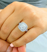 Load image into Gallery viewer, Cushion Cut Moissanite And Round Cut Sides Cvd Diamond And Sapphire Engagement Ring Double Halo Split Shank Wedding Ring 14k White Gold 2.80
