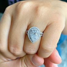 Load image into Gallery viewer, Pear Shape Moissanite and Round Cut Sides Cvd Diamond Engagement Ring Halo Bridal Wedding Ring Double Halo Style 14k Solid White Gold 2.70ct

