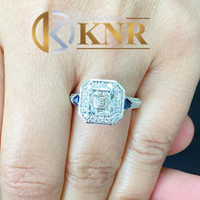 Load image into Gallery viewer, Asscher Cut And Round And Trillion Cut Side Diamonds and Sapphires Halo Style Engagement Ring IGI Certified 14k White Gold 2.00ctw F-VS2
