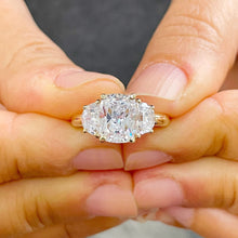 Load image into Gallery viewer, Cushion Cut Center And Half Moon Shape Sides Diamond Engagement Ring IGI Certified 14k Solid Yellow Gold Three Stone Style 2.80ctw F-VS2

