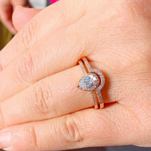 Load image into Gallery viewer, Pear Shape Moissanite And Round Cut Sides Natural Diamond Halo Engagement Ring And Matching Band In 14k Solid Rose Gold Wedding Bridal 1.50
