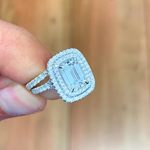 Load image into Gallery viewer, Emerald Cut Moissanite And Round Cut Sides Engagement Ring And Matching Band Double Halo Split Shank 14k Solid White Gold Wedding Ring 2.75
