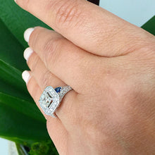 Load image into Gallery viewer, Asscher Cut Moissanite and CVD Round Cut Diamond And Sapphire Sides Engagement 14k Solid White Gold Halo Style Wedding Bridal Ring 2.10ctw
