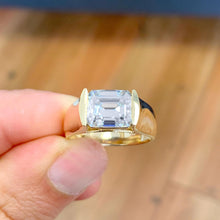 Load image into Gallery viewer, Emerald Cut Moissanite Engagement Ring Semi Tension Set Solitaire Set In 14k Heavy And Solid Yellow Gold Wedding Ring Thick Bridal Ring 3.50
