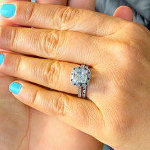 Load image into Gallery viewer, Cushion Cut Moissanite And Round Cut Sides Sapphires Halo Style Engagement Ring And Matching Band Bezel Set In 14k Solid White Gold 2.70ctw
