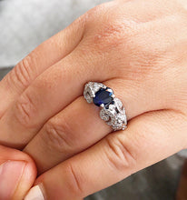 Load image into Gallery viewer, Natural Oval Shape Sapphire And Round Cut Sides Diamonds Engagement Ring Filigree Wedding Ring Right Hand Ring 14K Solid White Gold 2.15ctw
