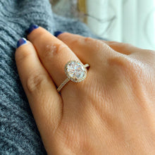 Load image into Gallery viewer, Oval Cut and Round Cut Diamond Engagement Ring Halo IGI Certified 14k Solid Yellow Gold Half Eternity Wedding Bridal Ring Prong Set 1.50ctw
