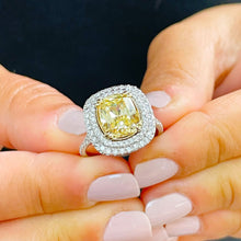 Load image into Gallery viewer, Fancy Yellow Cushion Cut Simulated Diamonds And Round Cut Cvd Diamond Engagement Ring Double Halo Style Bidal Ring 14k Solid White Gold 4.20
