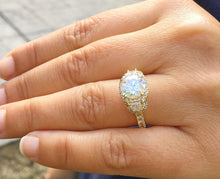 Load image into Gallery viewer, Round Cut Moissanite and Cvd Diamonds Round And Half Moon Cut Engagement Ring Deco Bridal Ring 14k Solid Yellow Gold Wedding Ring 3.00ctw
