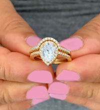 Load image into Gallery viewer, Pear Shape Moissanite And Round Cut Sides Engagement Ring And Matching Band 14k Solid Yellow Gold Wedding Rings Bridal Set Halo Style 2.00ct
