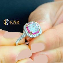 Load image into Gallery viewer, Cushion Cut Moissanite And Round Cut Ruby Sides Engagement Ring Women's Bridal Ring Double Halo Wedding Ring 14k Solid White Gold 2.20Ctw
