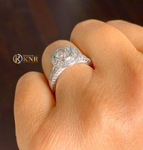Load image into Gallery viewer, Round Cut Moissanite Engagement Ring And Matching Band Filigree Antique Style 14k Solid White Gold Wedding Bridal Set Bezel Set Halo 1.70ctw
