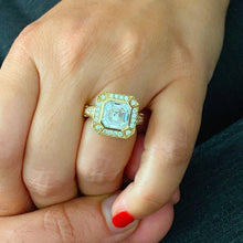 Load image into Gallery viewer, Asscher Cut Moissanite and Round Cut CVD Diamonds Bezel Engagement Ring Halo Ring For Her Filigree 14k Solid and Heavy Yellow Gold 4.60
