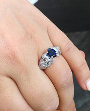 Load image into Gallery viewer, Natural Oval Shape Sapphire And Round Cut Sides Diamonds Engagement Ring Filigree Wedding Ring Right Hand Ring 14K Solid White Gold 2.15ctw
