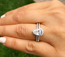 Load image into Gallery viewer, Pear Shape And Round Cut Sides Natural Diamond Halo Engagement Ring And Matching Band Bridal Set 14K Solid White Gold Wedding Set 1.00ctw
