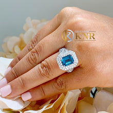 Load image into Gallery viewer, Cushion Cut Center Blue Topaz And Round Cut Sides Cvd Diamonds Engagement Ring Halo Wedding Ring 14k Solid White Gold Right Hand Ring 4.70ct
