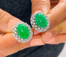 Load image into Gallery viewer, Oval Shape Jade And Round Cut Sides Diamond Deco Halo Style Stud Earrings Wedding Earrings Anniversary Bridal Earrings 14k White Gold 8.70ct
